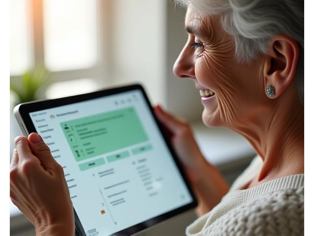 Donna anziana sorridente che compila un questionario di salute digitale su un tablet semplificato