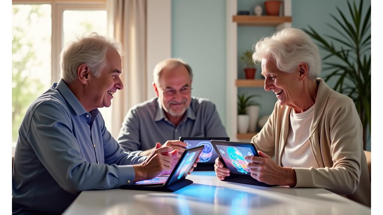 Anziani impegnati in giochi interattivi su tablet per allenare la memoria, con colori vivaci e facce sorridenti