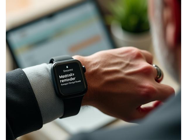 Mani anziane usano uno smartwatch con un'interfaccia semplice, che mostra promemoria per farmaci, con un tablet sullo sfondo
