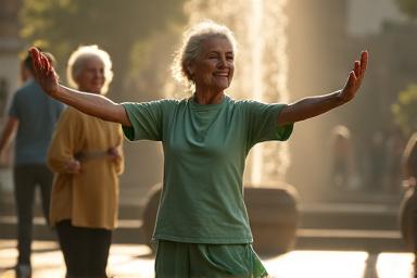 Gruppo misto di anziani che pratica Tai Chi in un giardino storico di Roma, con un'atmosfera serena e concentrata