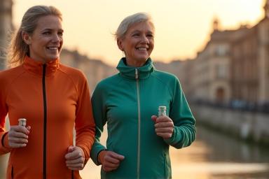 Gruppo di anziani che camminano con bastoncini da nordic walking lungo il Tevere a Roma al tramonto, felici e attivi