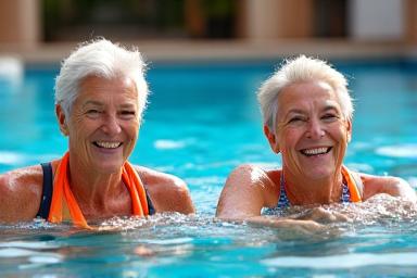 Donne anziane che praticano acquafitness in una piscina romana, divertendosi e mantenendosi in forma