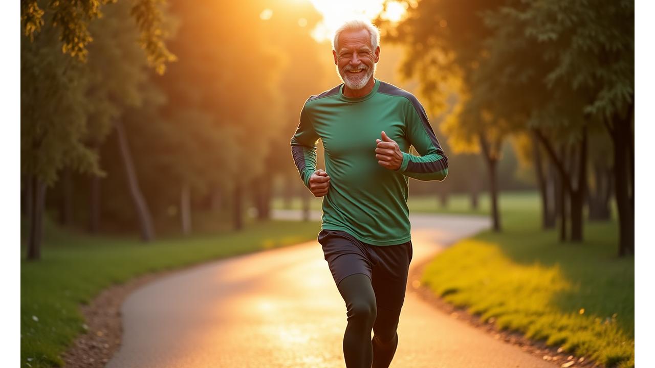 Uomo anziano che fa jogging in un parco sereno al tramonto, enfatizzando il movimento e la prevenzione.
