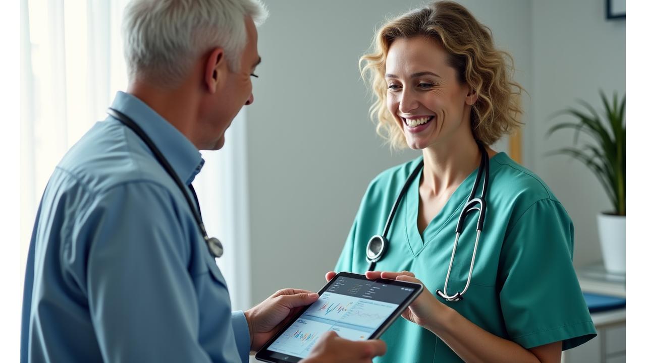 Medico che consulta una cartella clinica digitale con un paziente sullo sfondo, simboleggiando la prevenzione e la cura moderna.