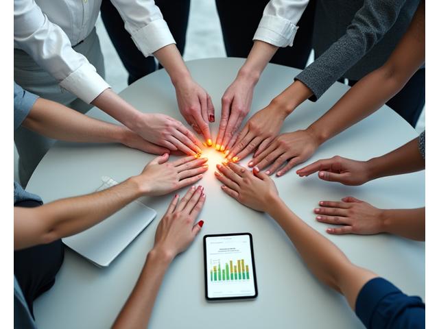 Mani che si uniscono in segno di collaborazione sopra un tavolo da riunione con grafici e tablet