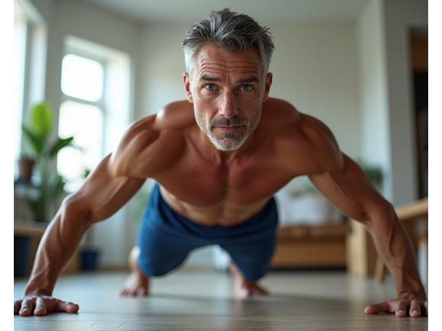 Uomo over 40 che esegue un esercizio di plank con determinazione e buona postura, in una palestra moderna.