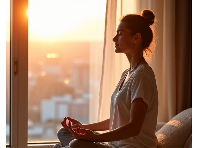 Donna seduta in posizione meditativa in un ambiente tranquillo e luminoso, con una luce soffusa che la avvolge.