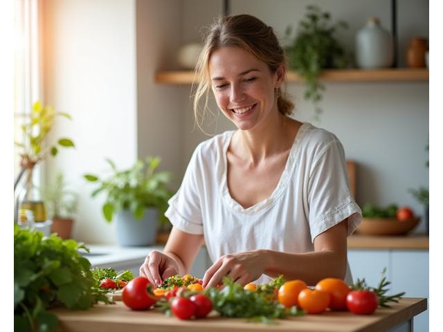 Donna che prepara un pasto sano e colorato, con verdure fresche e un sorriso sereno.
