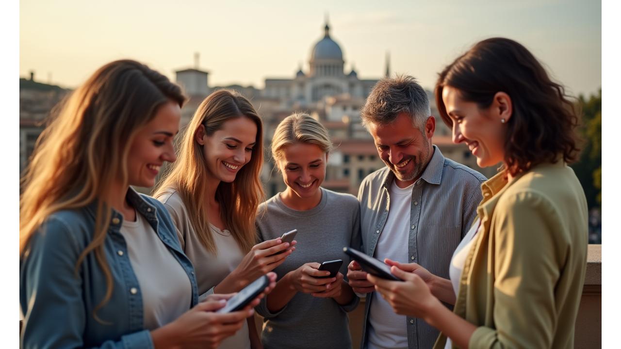 Diverse persone di diverse età e etnie che sorridono e ridono insieme, indicando apertura e connessione digitale. Sfondo sfocato di paesaggio urbano romano.