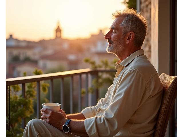 Foto di Giovanni seduto pacificamente mentre medita sul suo balcone con una vista sui tetti di Roma.