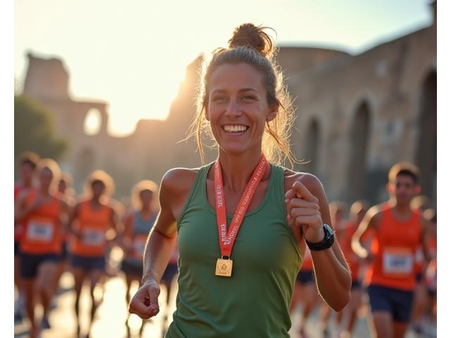 Foto di Sofia che corre sorridendo con una medaglia, con il Colosseo sullo sfondo.