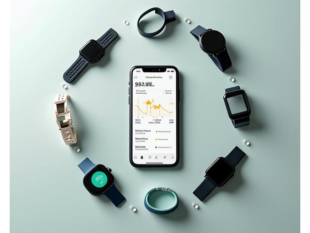 Vari dispositivi wearable come smartwatch e fitness tracker sincronizzati con un'app mobile.