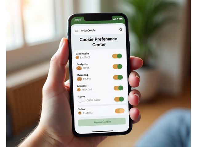 Finestra pop-up di gestione del consenso ai cookie su uno schermo di smartphone, con opzioni per accettare o personalizzare e icone di piccole icone di biscotti digitali.