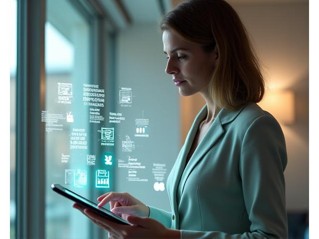 Donna che legge documenti legali con simboli di protezione dati e GDPR in sovrapposizione, che trasmette trasparenza e sicurezza.