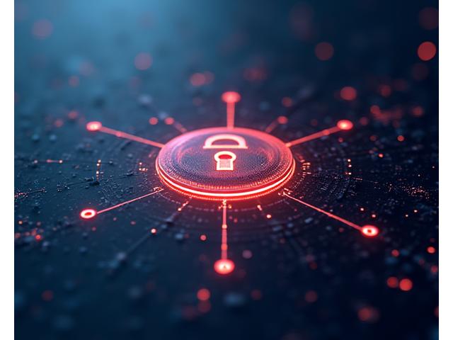 Un lucchetto digitale stilizzato con scudi e segni di protezione, che irradia sicurezza e affidabilità.