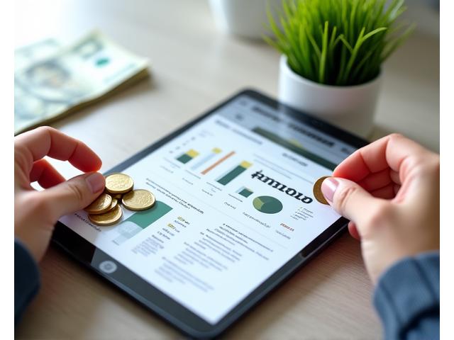 Mani che tengono delle monete su un tablet che mostra grafici di risparmio benessere