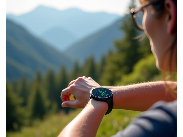 Uomo che guarda un fitness tracker al polso durante un'escursione in montagna