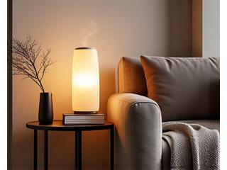 Confortevole angolo relax in casa con un diffusore di aromi attivo e una luce soffusa