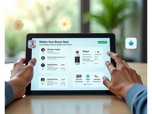 Interfaccia di un quiz interattivo per la selezione di prodotti benessere, con icone lifestyle e carte prodotto