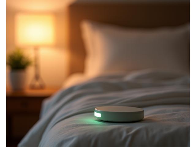 Dispositivo compatto per il monitoraggio del sonno appoggiato su un comodino accanto a un letto sfocato