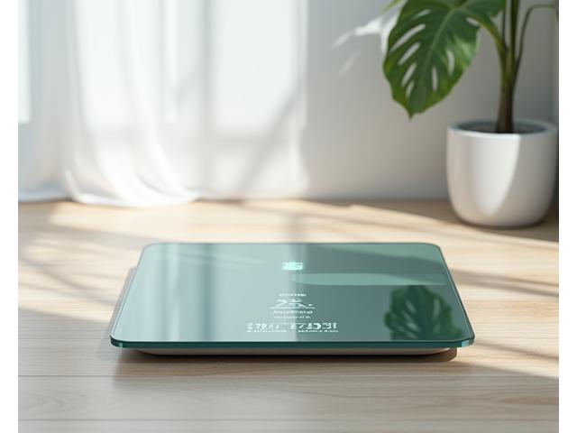 Bilancia smart sul pavimento di legno, che mostra dati di composizione corporea sullo schermo
