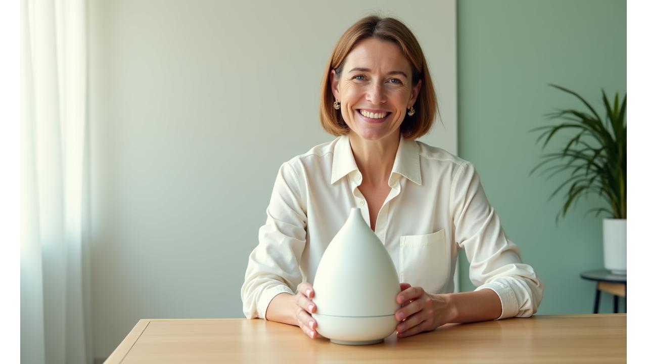 Esperta di mindfulness che mostra come usare un diffusore di aromi a ultrasuoni in un video