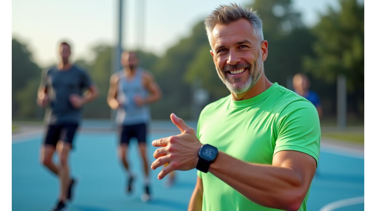Esperto di fitness che indossa un fitness tracker e spiega le sue funzionalità in un video