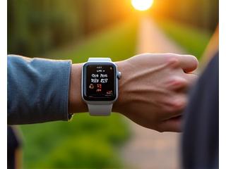 Smartwatch moderno al polso di una persona che fa jogging, monitorando la frequenza cardiaca