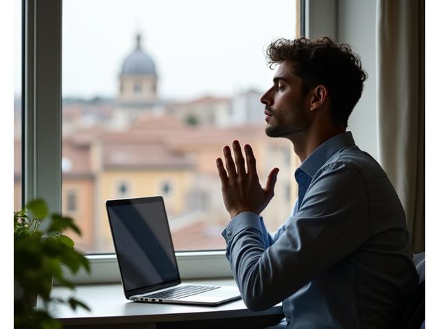 Professionista romano in smart working si prende una pausa consapevole dal laptop, finestra sullo skyline di Roma