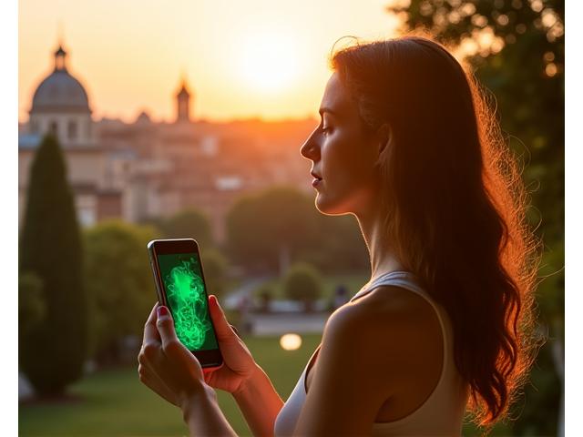 Giovane donna pratica meditazione in un angolo tranquillo del Giardino degli Aranci a Roma, smartphone con mappa di benessere