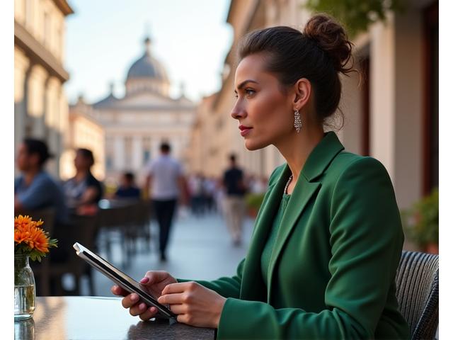 Donna che valuta il suo livello di stress urbano su un tablet mentre è seduta in un caffè romano animato