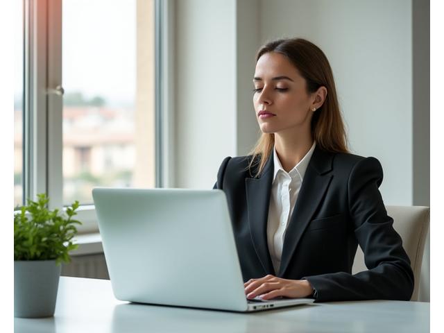 Impiegato romano pratica una micro-meditazione alla sua scrivania in un ufficio moderno, con un laptop e piante