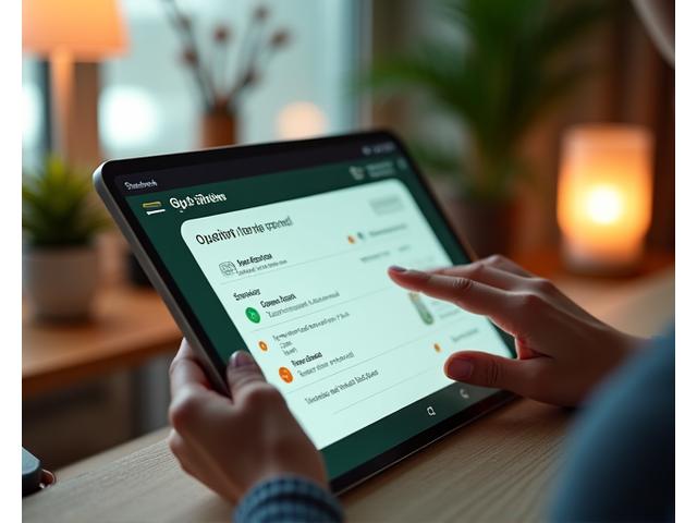 Persona mentre compila un quiz digitale su un tablet, circondata da icone di benessere come un orologio, una tazza di caffè e una pianta.