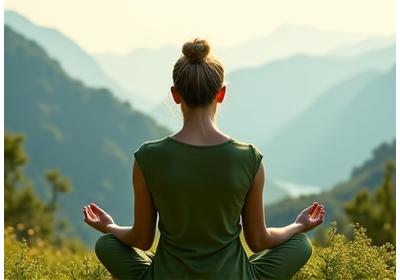 Una persona medita in un ambiente sereno all'aperto, con un focus sul benessere mentale.