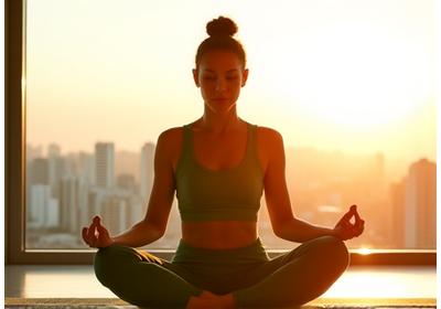 Donna sorridente che fa yoga al mattino con luce dorata, simbolo di una routine ottimizzata.