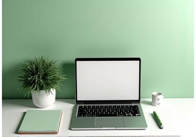 Scrivania pulita e organizzata con un laptop, quaderno e penna, simbolo di sistemi di produttività efficaci.