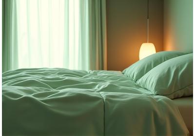 Camera da letto accogliente e buia con un letto invitante e una luce soffusa, evocando un sonno ristoratore.