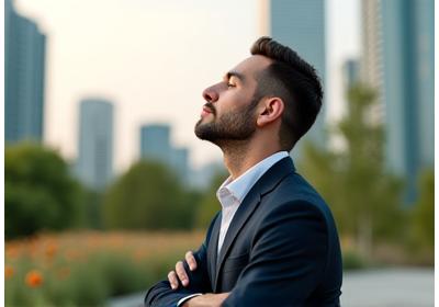 Uomo d'affari sereno che respira profondamente in un ambiente urbano, rappresentando la gestione dello stress.