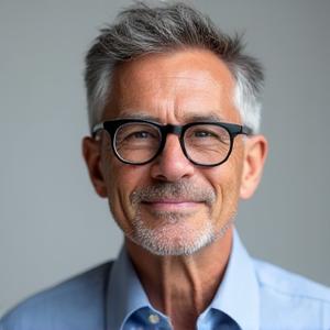Ritratto di Marco, che porta occhiali e ha un'espressione serena.