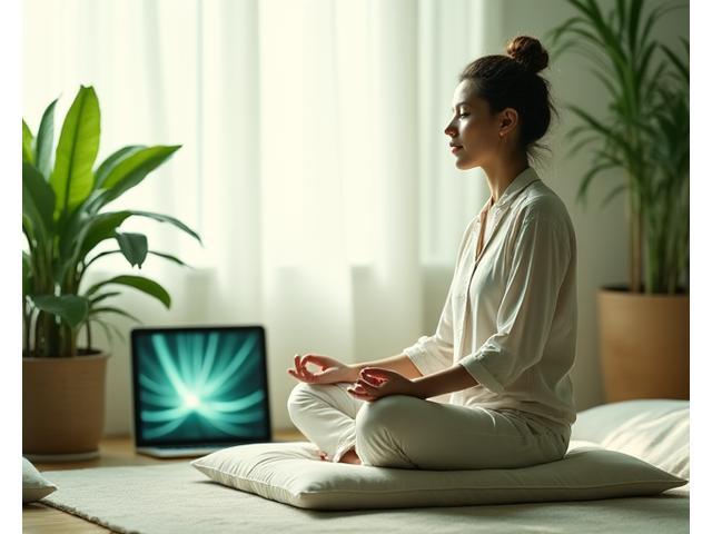 Donna che medita tra piante verdi, workshop di mindfulness online