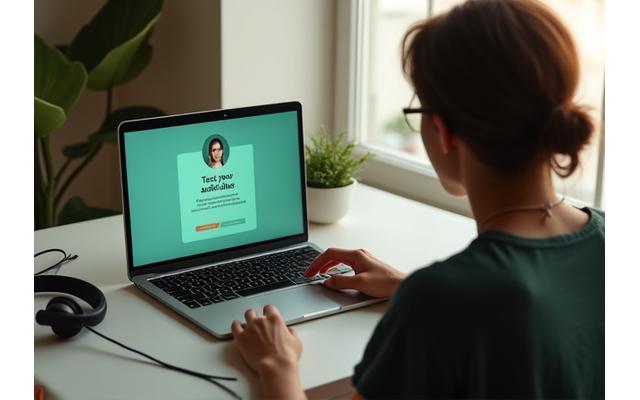 Persona che prepara un laptop per un workshop online, verificando webcam e audio in un ambiente confortevole